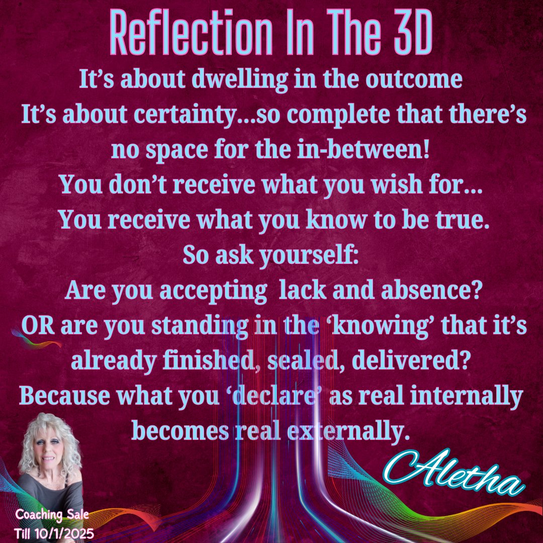 Aletha
link in bio
$150-for 1-hour coaching session
$100-for a 30-minute coaching session
$75- for a 20 minute 'quick fix' coaching session
All courses priced at $65
Reflection In The 3D
#lawofassumption #manifest #nevillegoddard