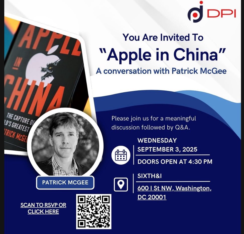 Joel Thayer (@joellthayer) on Twitter photo Please join us for a conversation with <a href="/PatrickMcGee_/">Patrick McGee</a> about his newly released book, Apple in China, which offers an eye-opening account of Apple’s rise alongside China’s—and what it means for the future of tech and trade.
Here’s the link to register: docs.google.com/forms/d/e/1FAI… Please join us for a conversation with <a href="/PatrickMcGee_/">Patrick McGee</a> about his newly released book, Apple in China, which offers an eye-opening account of Apple’s rise alongside China’s—and what it means for the future of tech and trade.
Here’s the link to register: docs.google.com/forms/d/e/1FAI…