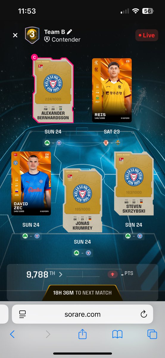 Enjoying the new <a href="/Sorare/">Sorare</a> so wanted to do a little giveaway.
RT, Like and Follow
Comment how many points my new Holstein Kiel lineup will score this weekend.
Closest guess wins In Season U23 MLS card Jake Davis.
Closes when Gwangju game kicks off at 6.30am ET on Saturday morning.