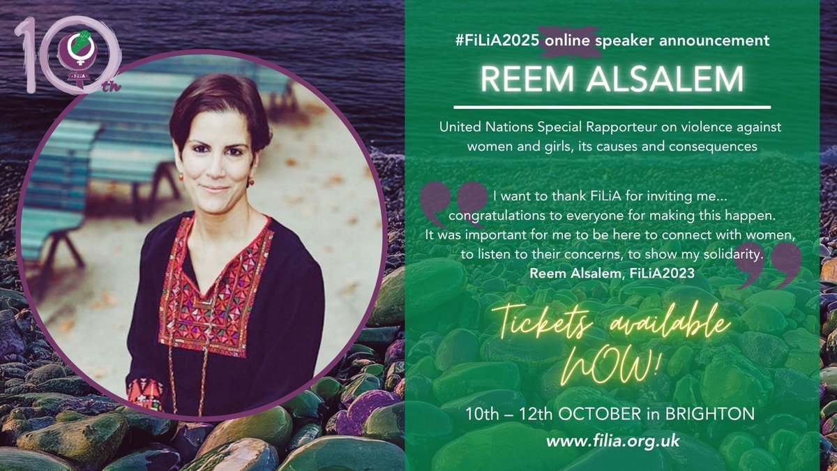 #FiLiA2025 SPEAKER ANNOUNCEMENT 📢

We are pleased to announce United Nations Special Rapporteur REEM ALSALEM <a href="/UNSRVAW/">Reem Alsalem UNSR Violence Against Women and Girls</a> as a speaker at FiLiA2025

Buy your tickets NOW to ensure a space at #FiLiA2025

🎟 filia.org.uk/tickets

♀️ #Sisterhood #Solidarity #WomensRights #Brighton