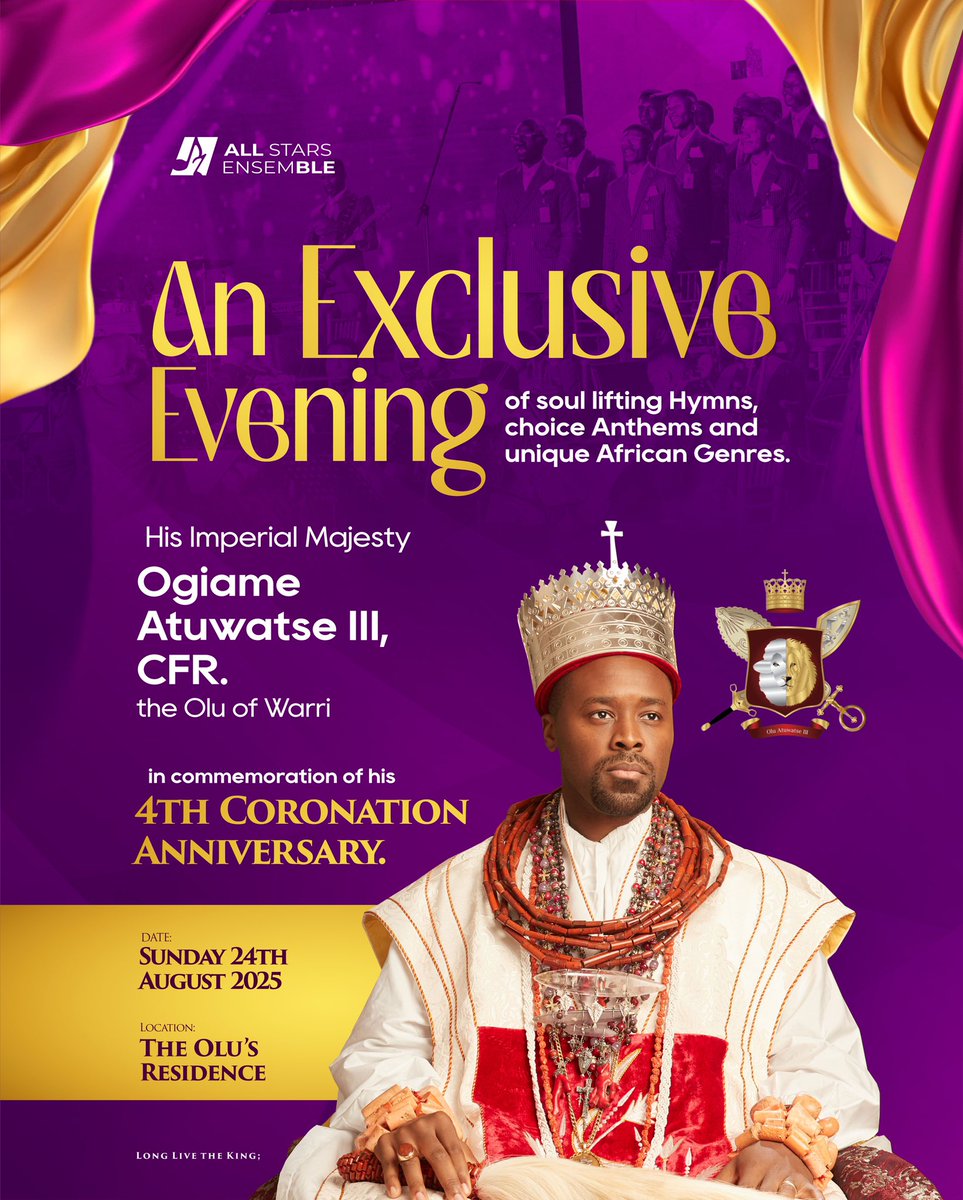 AllstarsEnsemb's tweet photo. 🎉🙏🏽 Exclusive performance alert! AllStars Ensemble to perform for His Imperial Majesty Ogiame Atuwatse III, CFR, the Olu of Warri, on his 4th Coronation Anniversary! 🎵 Stay tuned! #AllStarsEnsemble #OluOfWarri #CoronationAnniversary 
#ugeoyoekoro25 https://t.co/wopvD830on