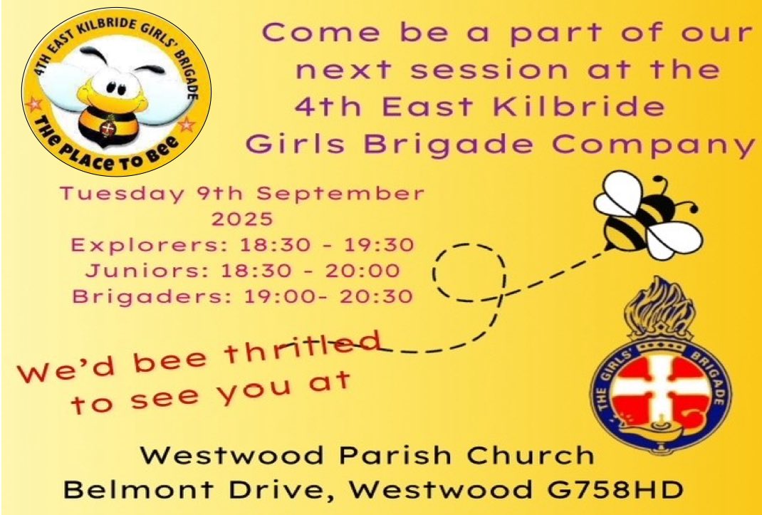 New Session 2025-2026 starts Tuesday 9th September 2025.

Westwood Parish Church East Kilbride 
We’d bee thrilled to see you!!