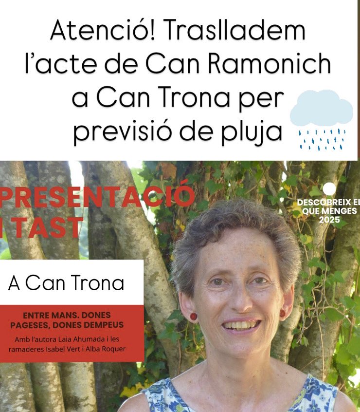 📣Canvi d’ubicació de la presentació de llibre de <a href="/LaiaAhumada/">Laia de Ahumada</a> ‘Entre mans. Dones pageses, dones dempeus’.

📌A les 19h a Can Trona - Centre de Cultura i Natura de la Vall d’en Bas.
