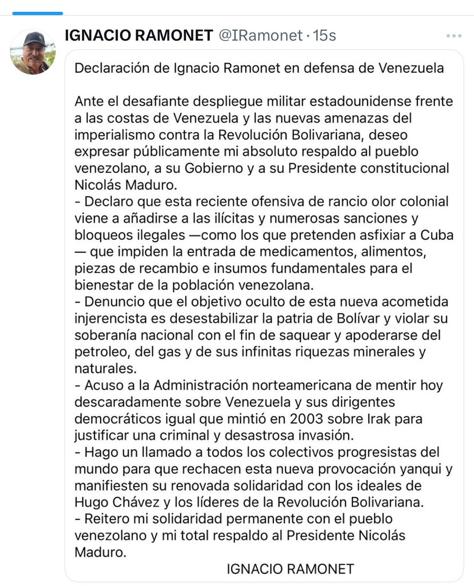 Ante las agresiones de los EEUU,  nuestro <a href="/IRamonet/">IGNACIO RAMONET</a> reafirma su apoyo al pueblo y al gobierno venezolanos y al Presidente constitucional de Venezuela Nicolás Maduro. No pasarán!!!
#ManosFueraDeVenezuela