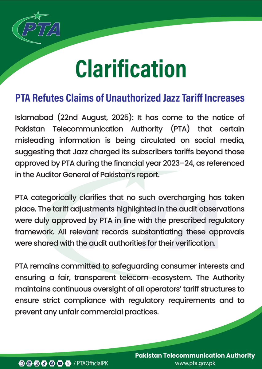 PTAofficialpk's tweet image. It has come to the notice of Pakistan Telecommunication Authority (PTA) that certain misleading information is being circulated on social media, suggesting that Jazz charged its subscribers tariffs beyond those approved by PTA during the financial year 2023-24, as referenced in…