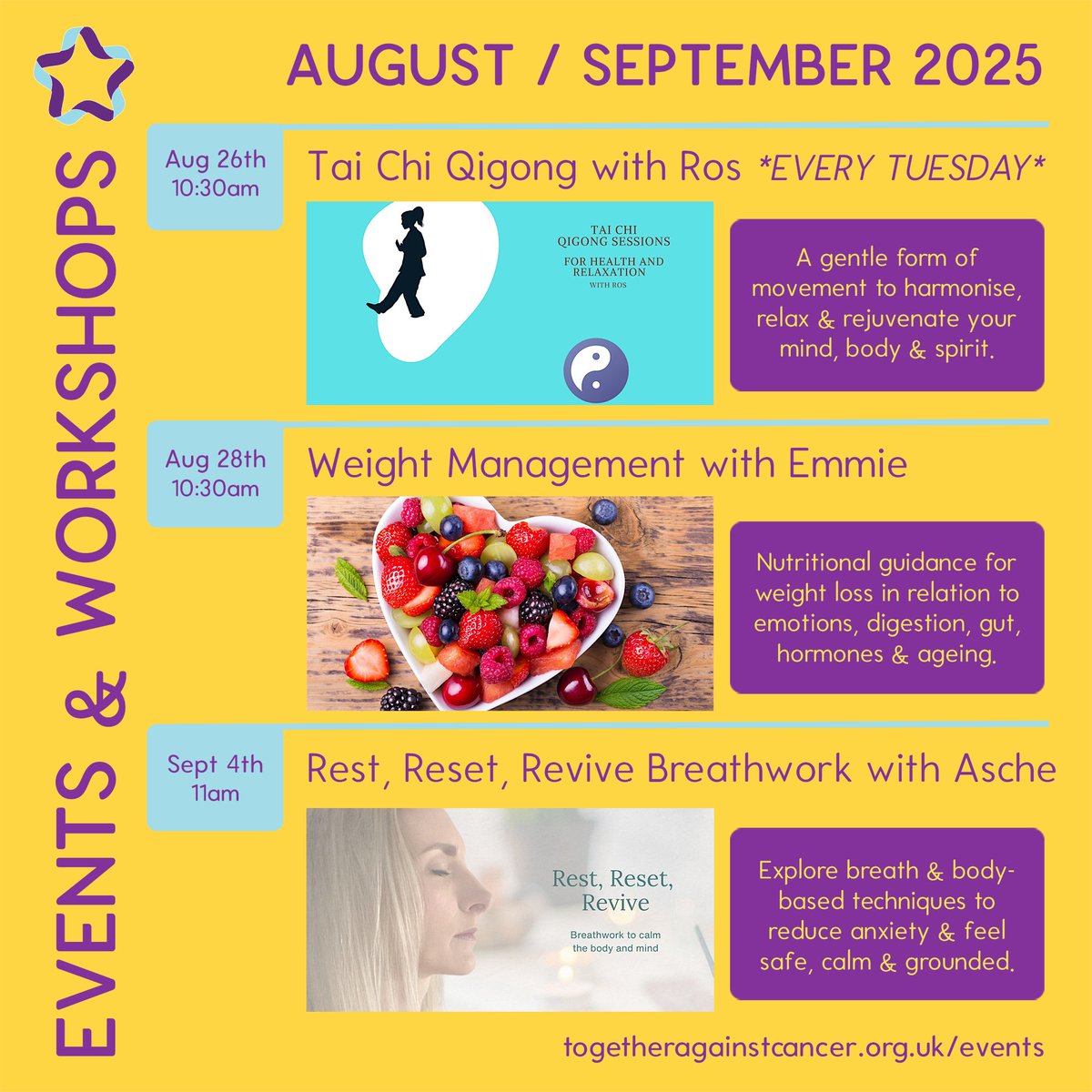 TACorguk's tweet image. The path to wellbeing begins when compassion meets consistency. Small, loving steps count. 💜 Which is why our weekly #WellbeingWorkshops &amp;amp; sessions are tailored to support the whole of you, wherever you are in your journey. 🙏 

Book your space at ➡ bit.ly/3D5S1Io