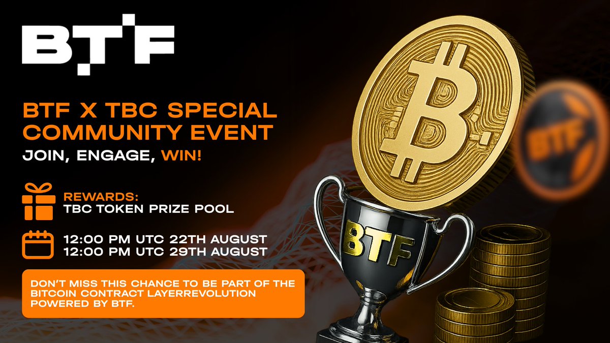 Bitcoin Finance (@btf_tbc) on Twitter photo 🚀 BTF x TBC Community Giveaway 🚀
💎 Join the revolution of the Bitcoin Contract Layer!
📅 12:00 PM UTC Aug 22 – 12:00 PM UTC Aug 29
🏆 BTF Token Prize Pool
How to join:
1️⃣ Follow <a href="/BTF_TBC/">Bitcoin Finance</a>
2️⃣ Complete campaign tasks
3️⃣ Claim your TBC Token rewards 🔥
👉 🚀 BTF x TBC Community Giveaway 🚀
💎 Join the revolution of the Bitcoin Contract Layer!
📅 12:00 PM UTC Aug 22 – 12:00 PM UTC Aug 29
🏆 BTF Token Prize Pool
How to join:
1️⃣ Follow <a href="/BTF_TBC/">Bitcoin Finance</a>
2️⃣ Complete campaign tasks
3️⃣ Claim your TBC Token rewards 🔥
👉