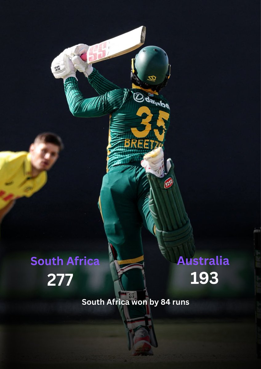 🇿🇦 South Africa go 2–0 up!
The Proteas beat Australia in the 2nd ODI to take a strong lead in the series. One step closer to a clean sweep! 🔥🏏

#SAvsAUS #Cricket #ODI