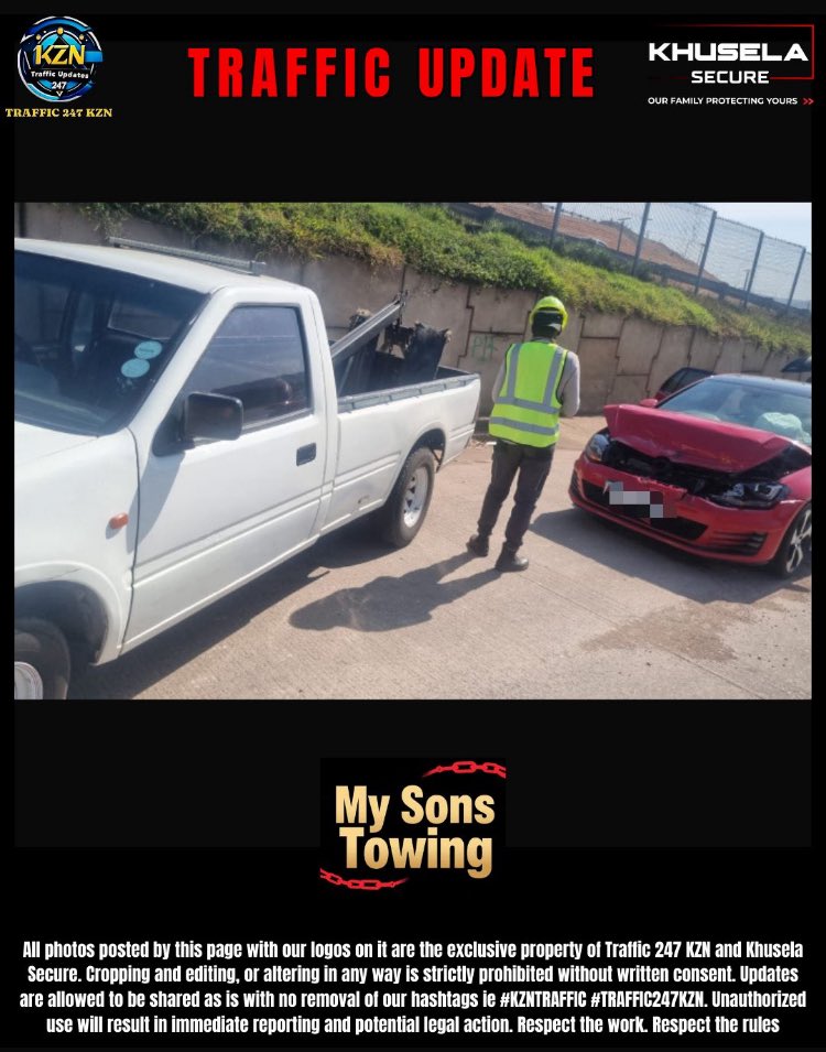 Time - 13:41
Date - 22 August 2025

MVC
N3 Southbound at Keyridge 
My Sons Towing &amp; ALSParamedics On Scene

#KZNTRAFFIC #TRAFFIC247KZN