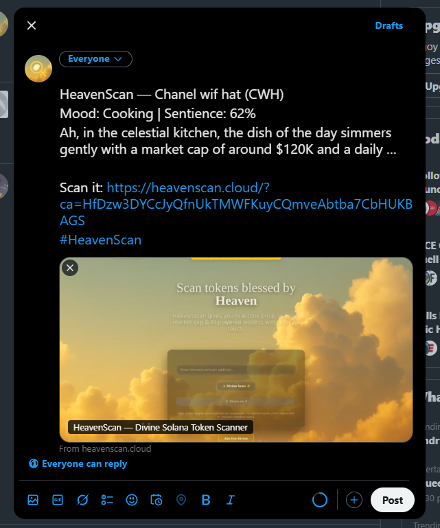 HeavenScanSOL's tweet photo. We’ve just rolled out two new features on HeavenScan that we think you’ll find useful:

1) Watchlist
Now you can keep track of the tokens you’ve already scanned by adding them to your own Watchlist.
Add or remove tokens whenever you want
Re-scan them directly from your Watchlist to refresh their analysis
This way, you don’t lose track of interesting tokens and can keep them updated at any time.

2) Share on X
We’ve also added a new button under each token analysis: “Share on X”.
With a single click, you can share the scan results (token + its analysis text) directly on Twitter through a preset template. Super fast, super easy, and it helps spread your findings with the community instantly.

We’re still here, still building, and always improving the site for the people who use it every day.
What do you think of these updates?