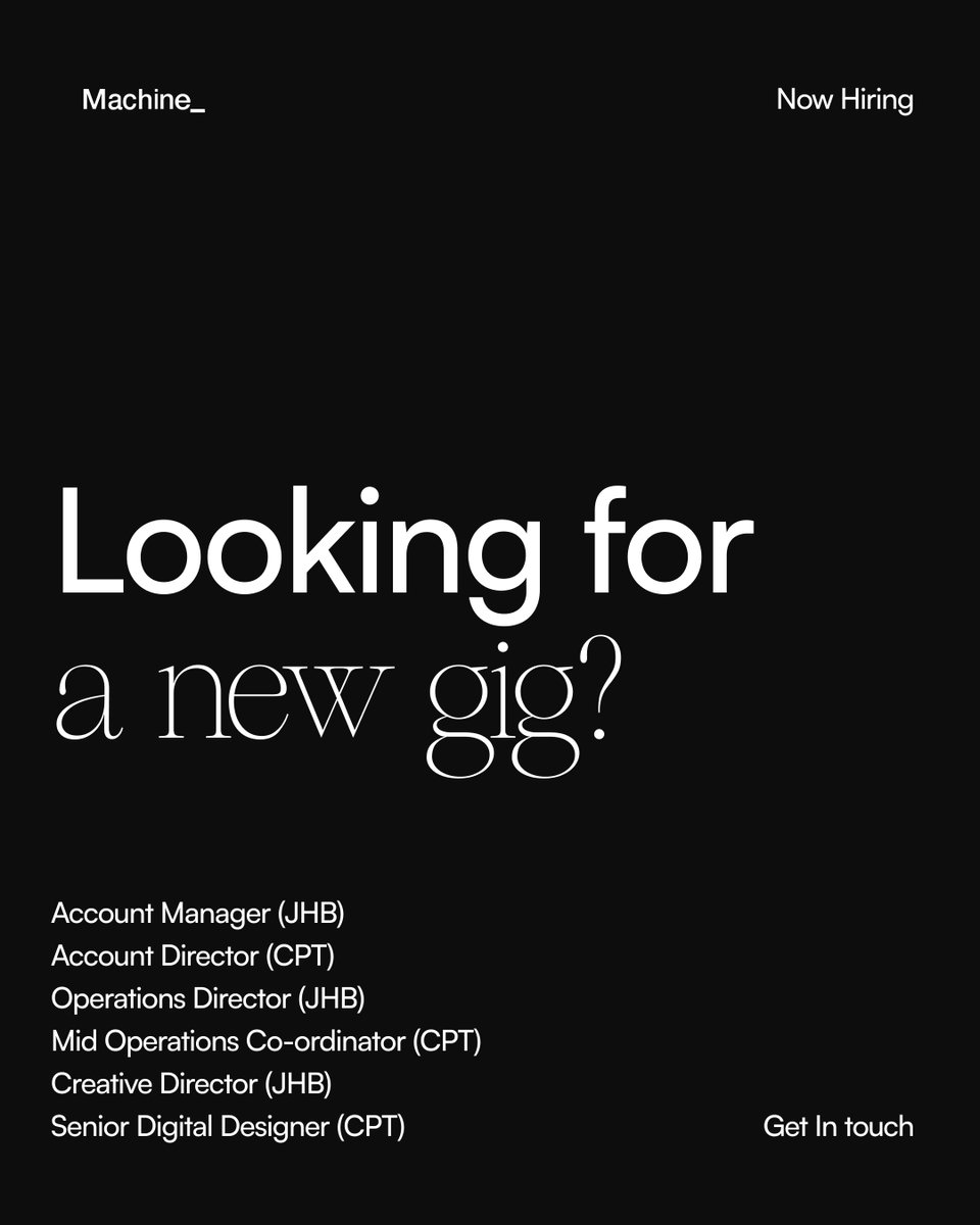 Ready to be fearless? We’ve got exciting opportunities for you!

Johannesburg
Account Manager – bit.ly/46Yw5l1
Operations Director – bit.ly/4lvsezl
Creative Director – bit.ly/4fJ1udl

Cape Town
Account Director – bit.ly/4lsmmH3
Mid Operations