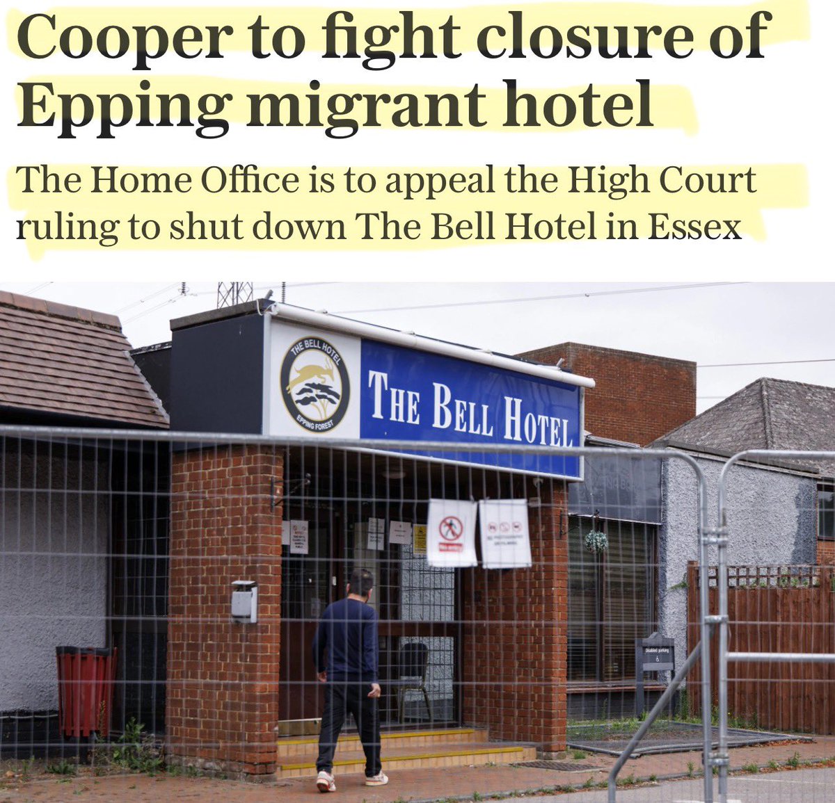 BREAKING - The home office to appeal against the decision to close the Bell hotel in Epping.

Many people will see this as the Government refusing to accept the will of its own people. 

It will not set up secure accommodation, its loyalty to International agreements, is greater