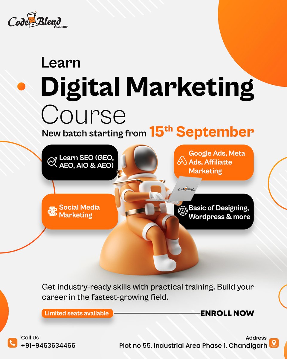 CodeblendA's tweet image. Take your career to the next level with our Digital Marketing Course.
New batch starts 15th September learn SEO, Google Ads, Social Media Marketing, Affiliate Marketing, WordPress & more with practical training.
Enroll Now & Build Your Digital Future!