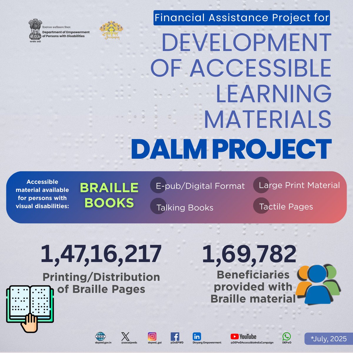 socialpwds's tweet photo. Accessible learning materials like Braille books, Talking Books, e-Pub, Large Print, and Tactile Pages are being provided free of cost under the #DALM Project, empowering persons with visual disabilities towards knowledge and independence.
#EmpoweredPwDs #InclusiveIndia #DALMProject