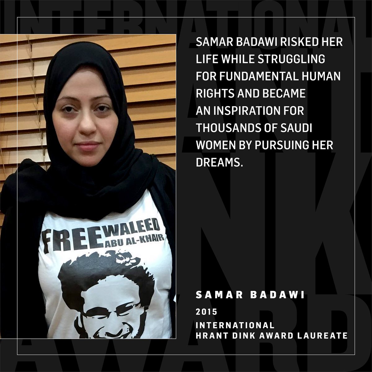 Let's take a look back at the past laureates of the International #HrantDinkAward, which has been highlighting hopeful struggles every year since 2009.

2015 International #HrantDinkAward laureate was Saudi women’s rights activist #SamarBadawi, who was arrested in 2018 for
