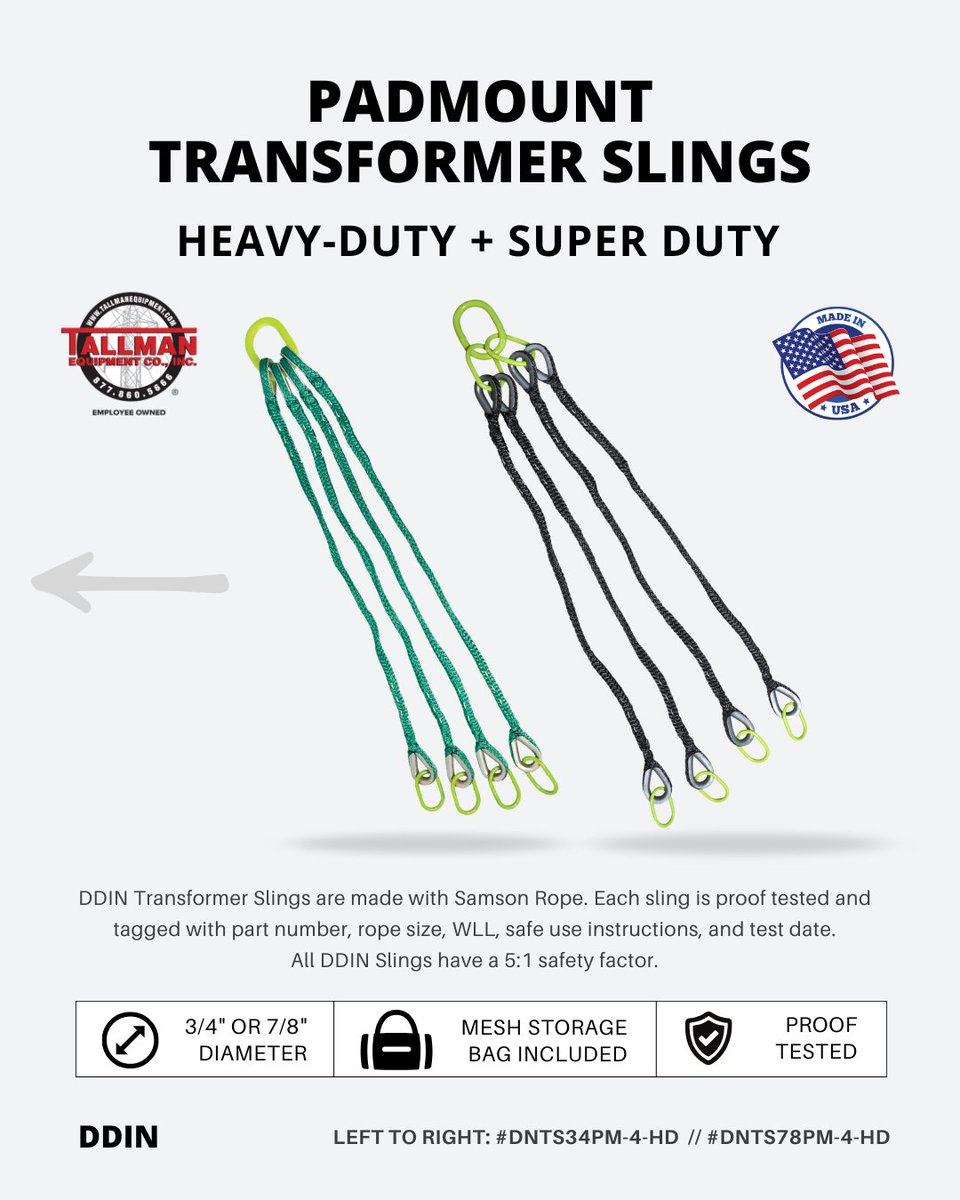 DDIN Padmount Transformer Slings

Tough Samson Rope for smooth, safe lifts on single or three-phase padmounts.

✅ Proof Tested
✅ Rated with 5:1 safety factor
✅ Range of sizes and WLLs available

Click the link for the DDIN Transformer Slings
tallmanequipment.com/product-catego…