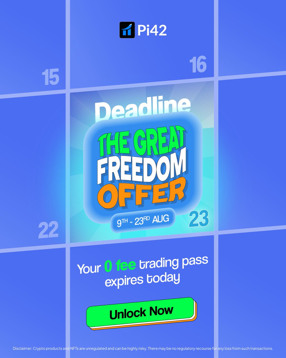 Pi42 (@pi42exchange) on Twitter photo ⏰ Your 0 Fee* Trading Pass expires today!
Trade 250+ INR pairs with zero fees* now. 🚀
👉 The Great Freedom Offer: pi42.com/futures/bnbinr🎉
*T&Cs apply: pi42.com/blog/zero-fees…
#thegreatfreedomoffer #crypto #Pi42 ⏰ Your 0 Fee* Trading Pass expires today!
Trade 250+ INR pairs with zero fees* now. 🚀
👉 The Great Freedom Offer: pi42.com/futures/bnbinr🎉
*T&Cs apply: pi42.com/blog/zero-fees…
#thegreatfreedomoffer #crypto #Pi42