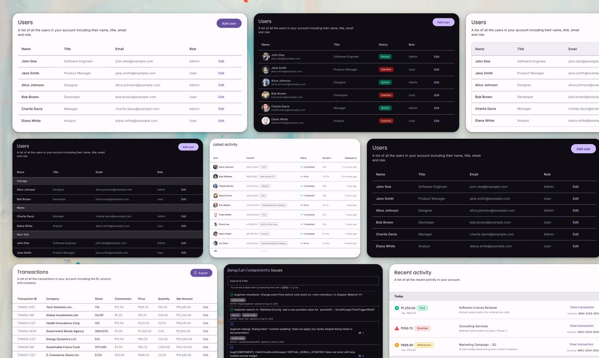 ngMaterialDev's tweet image. The tables you&apos;ve been waiting for are here! ✨

Announcing a huge new collection of Table blocks for Angular. Includes styles with status badges, avatars, checkboxes, dark mode, and more.

Your new go-to for any data grid: ui.angular-material.dev/blocks/applica…

#Angular #DataTables #UI