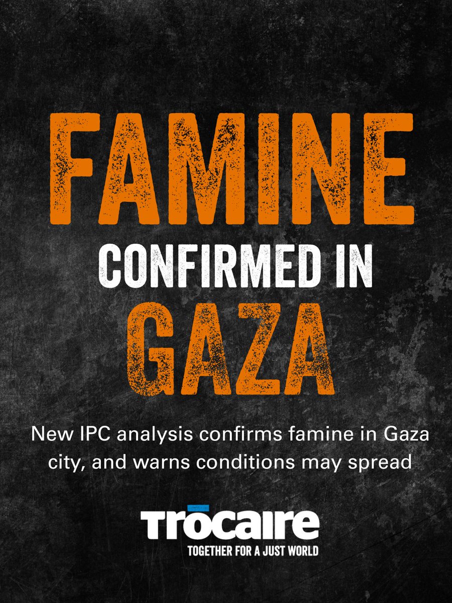 Trócaire (@trocaire) on Twitter photo ❗Famine confirmed for first time in Gaza.❗
According to the latest <a href="/theIPCinfo/">The Integrated Food Security Phase Classification</a> security analysis released today, more than half a million people in Gaza are experiencing famine conditions, and this is projected to spread from Gaza Governorate to Deir Al Balah and Khan Younis ❗Famine confirmed for first time in Gaza.❗
According to the latest <a href="/theIPCinfo/">The Integrated Food Security Phase Classification</a> security analysis released today, more than half a million people in Gaza are experiencing famine conditions, and this is projected to spread from Gaza Governorate to Deir Al Balah and Khan Younis