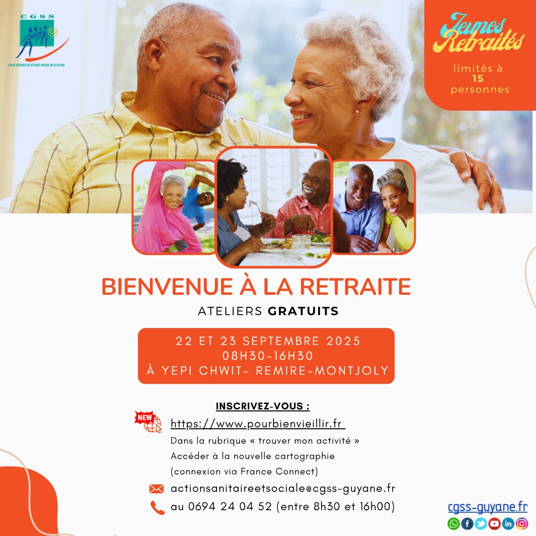 [#BienVieillir] Les 22 et 23 septembre 2025 - Journées d'information pour les Jeunes #Retraités.  

📍Yépi Chwit (97354)

Inscrivez vous et venez découvrir comment bien vivre votre #retraite. 

 Plus d'infos 👉urlr.me/esH3mD

#LaSécuEstLà #CNAV