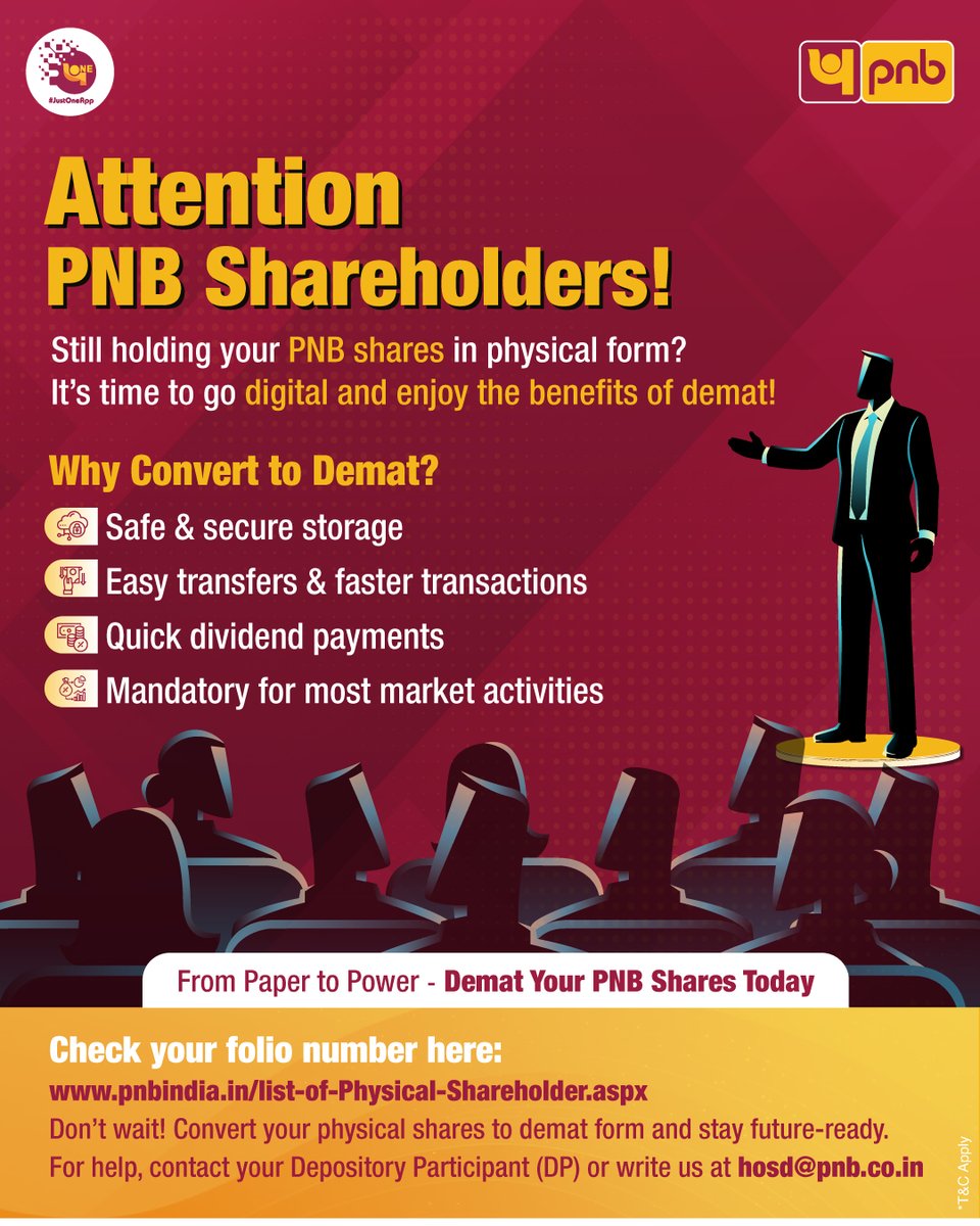pnbindia's tweet image. Enjoy quick dividends, secure storage &amp;amp; easy transfers.
Dematerialize your PNB shares now!

#Demat #PNB #Banking #FinancialAwareness #BankingWithTrust #InvestorRelations