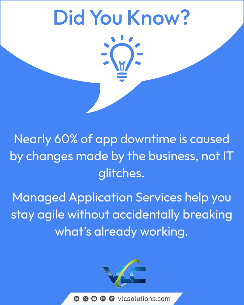 vlcsolutions's tweet image. VLC’s Managed Application Services ensure your systems remain stable and secure, preventing disruption from business changes. Stay agile and ahead!
vlcsolutions.com/managed-applic…
#ManagedServices #BusinessContinuity #DowntimePrevention #VLCSolutions #ApplicationManagement #ITStrategy