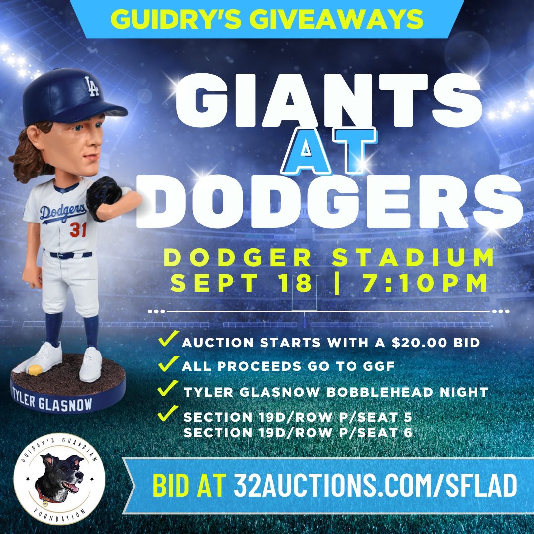 Guidry's Guardian Foundation (@guidrysguardian) on Twitter photo Less than a week to bid on 2 tickets to <a href="/SFGiants/">SFGiants</a> at <a href="/Dodgers/">Los Angeles Dodgers</a> on 9/18/25 at Dodger Stadium. All proceeds go to dogs in need through <a href="/GuidrysGuardian/">Guidry's Guardian Foundation</a>.
Bid here:
32auctions.com/SFLAD Less than a week to bid on 2 tickets to <a href="/SFGiants/">SFGiants</a> at <a href="/Dodgers/">Los Angeles Dodgers</a> on 9/18/25 at Dodger Stadium. All proceeds go to dogs in need through <a href="/GuidrysGuardian/">Guidry's Guardian Foundation</a>.
Bid here:
32auctions.com/SFLAD