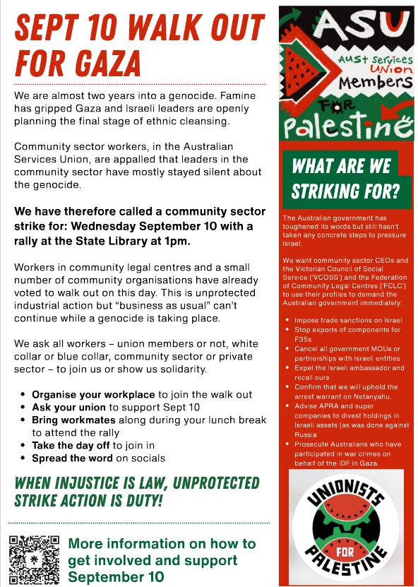 unions4palestin's tweet photo. September 10 Walk Out for Gaza! 

Join the community sector workers who are striking for Gaza on Wednesday September 10th in Melbourne. 1 pm State Library. 

Strike or take the day off but make sure you walk out for Gaza! https://t.co/wszH4Y0XJk