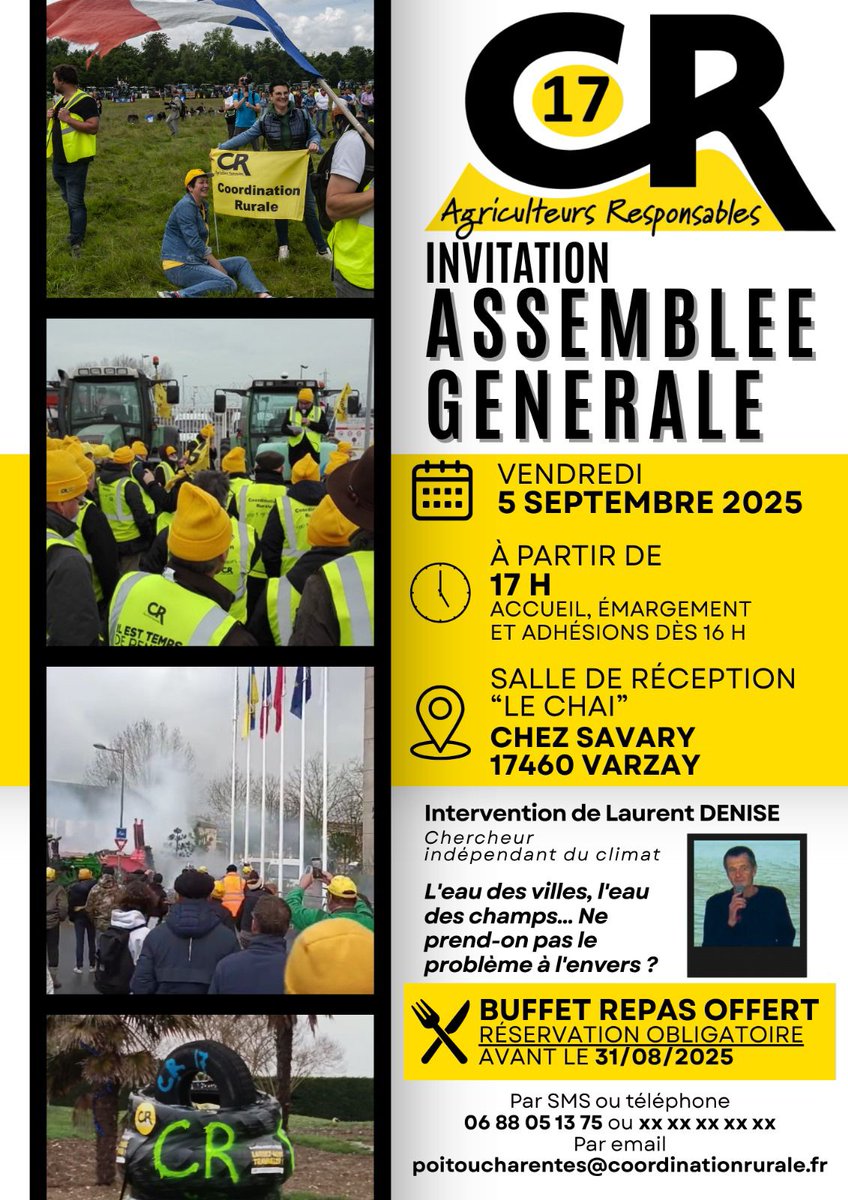 coordinationrur's tweet image. 🟡 La #CR17 vous attend nombreux le 5 septembre pour son assemblée générale !
📍À partir de 17h chez Savary (17460 Varzay)
👤 Intervention : “L’eau des villes, l’eau des champs… Ne prend-on pas le problème à l’envers ?” par Laurent Denise, chercheur indépendant du climat
⚠️