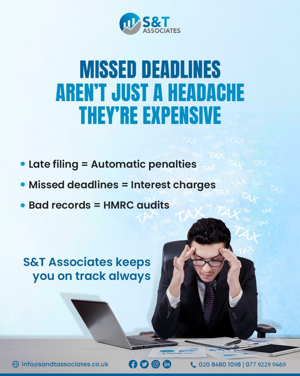 SandtAssociates's tweet photo. Think of compliance like insurance   you don’t notice it when it works, but you’ll really feel it when it doesn’t.

We help UK businesses avoid the pain of late fees, errors, and audit risk.

#complianceuk #taxdeadlines #sandtassociates #accountantsuk #ukbusinesshelp https://t.co/f1D8ipeSCL
