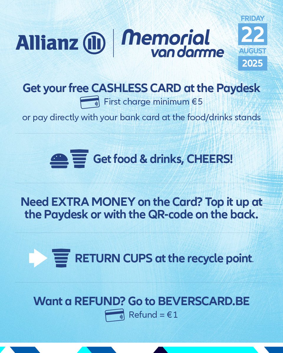 MVDbrussels's tweet image. Reminder that the Allianz Memorial Van Damme is a cashless event! 👉 Make sure to have a look at the following information. 👀

❗Cards from last year can be used again! ♻️

#AllianzMemorialvanDamme #GetReadyForTheBest #WandaDiamondLeague #BrusselsDL