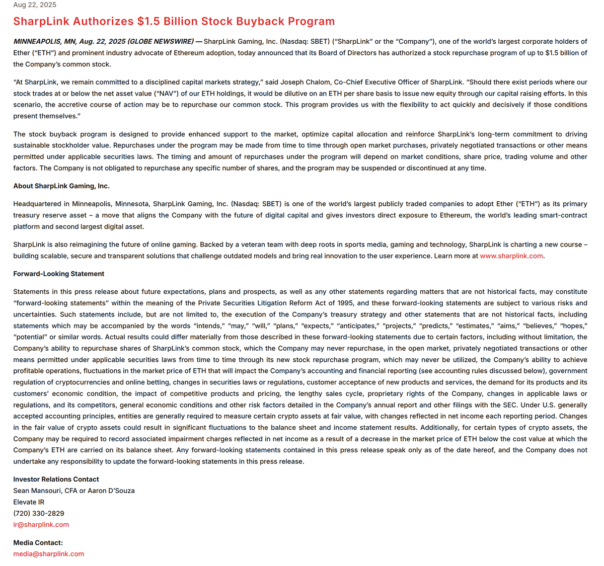 $SBET Authorizes $1.5 Billion Stock Buyback Program 🔥