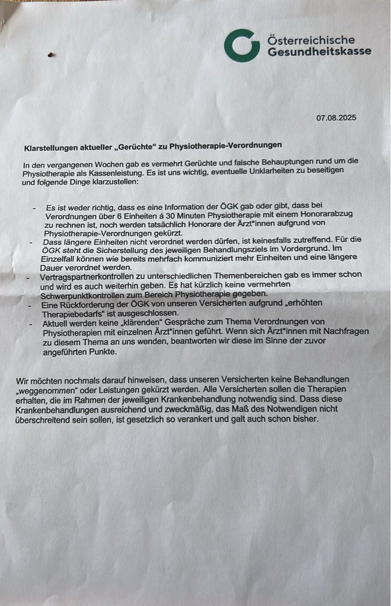 Die Kommunikation der ÖGK mit uns als Vertrags'partner' ist derzeit unterirdisch. Angefügt einmal die Info an uns. Einmal was dann an Patienten ausgesandt wurde. Klingt das nach den gleichen Richtlinien? Hmmmmm. Ich persönlich fühle mich gefrotzelt und ausgenutzt als Buhmann.