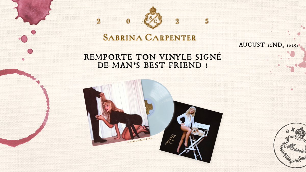 VINYLCORD ALERTS (@vinylcordalerts) on Twitter photo 🎁 | GIVEAWAY TIIIIIIME !
Le compte Twitter fête ses 1 an aujourd'huiiiiii 🎂
Et pour l'occasion, j'organise un concours pour tenter de remporter un vinyle signé de l'album "Man's Best Friend" de <a href="/SabrinaAnnLynn/">Sabrina Carpenter</a> 🐾
Pour participer:
🐶 RT & Like ce tweet
✅ Suivre 🎁 | GIVEAWAY TIIIIIIME !
Le compte Twitter fête ses 1 an aujourd'huiiiiii 🎂
Et pour l'occasion, j'organise un concours pour tenter de remporter un vinyle signé de l'album "Man's Best Friend" de <a href="/SabrinaAnnLynn/">Sabrina Carpenter</a> 🐾
Pour participer:
🐶 RT & Like ce tweet
✅ Suivre