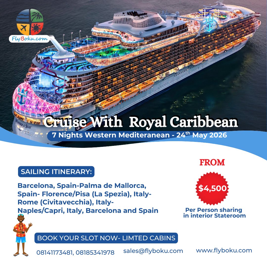 FlyBoku's tweet photo. Ready to trade Lagos for the high seas? 😮💦🔥

7 glorious nights sailing the stunning Western Mediterranean with Royal Caribbean. From the vibrant streets of Barcelona to the ancient wonders of Rome and the sun-drenched shores of Palma, this is more than a cruise

Book Now https://t.co/TYNtNMOauR