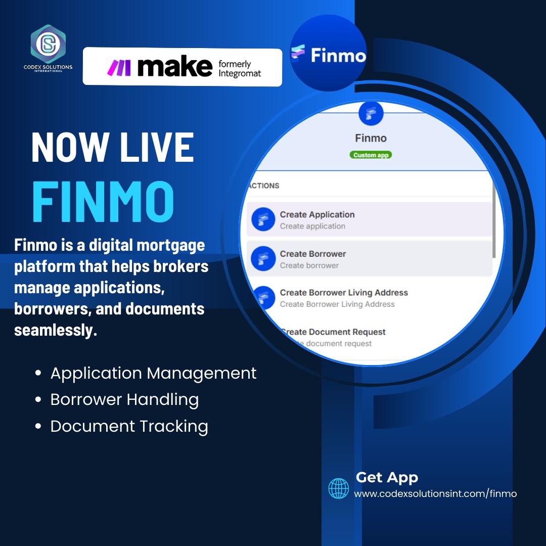 solutions_codex's tweet image. Meet Finmo on Make — the ultimate mortgage workflow hack. Automate applications, docs, and borrower management in one seamless app. Time to level up your mortgage game! #MortgageAutomation #NoCodeTools