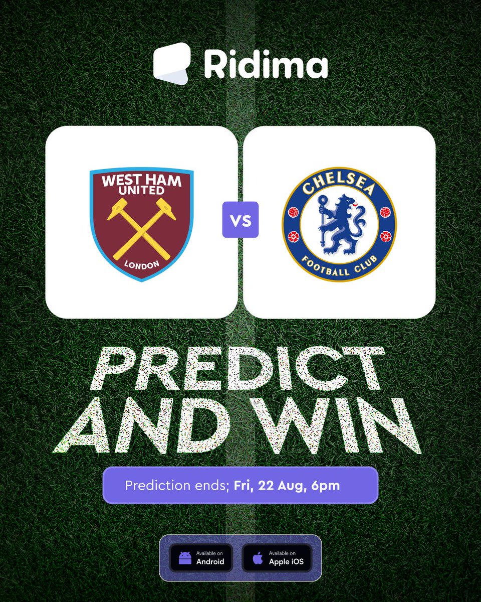 🚨 PREDICT &amp; WIN 🚨

⚽ Westham United Vs Chelsea – Premier League ⚽

First 5 correct predictions win ₦3,000 each!🔥

Rules: 
• Follow <a href="/myridima/">Ridima</a>
• Like and retweet our pinned post.
• Drop prediction score in the comments below 👇.