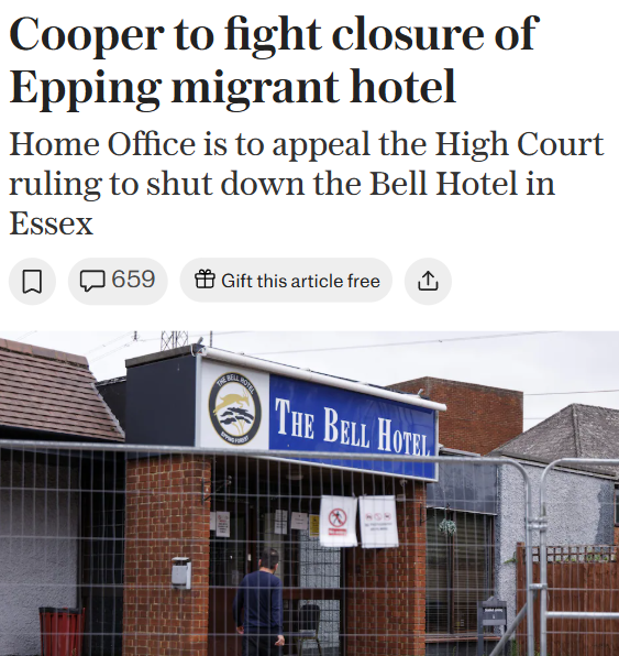 🚨NEW: I kid you not, Yvette Cooper is going to *appeal* the High Court ruling to close the Bell Hotel in Epping.

She wants to keep it open despite illegal migrants at the hotel being charged with a series of sexual offences. INSANE!

They couldn't care less.
Labour are vile.