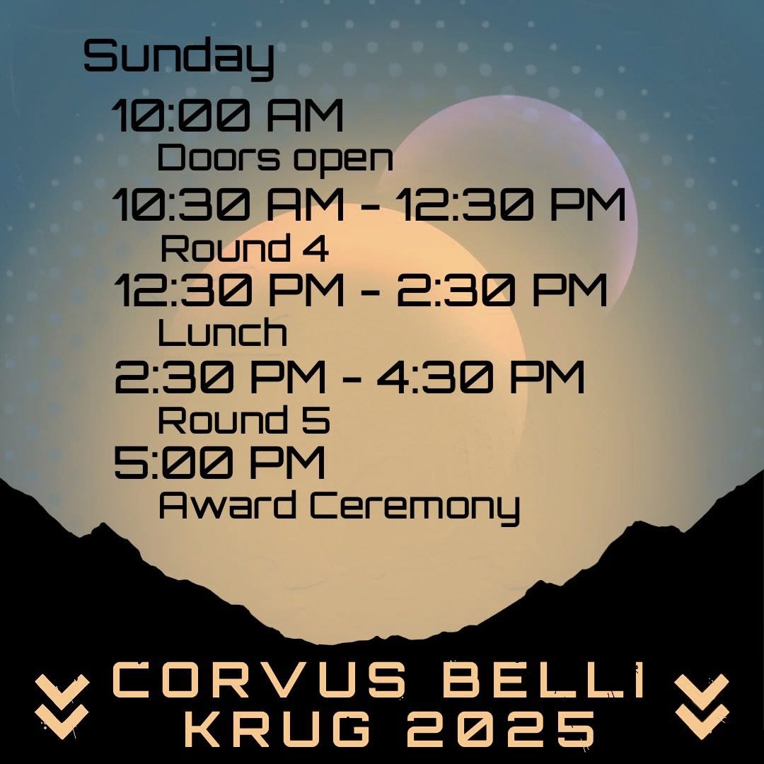 This is KRUGs schedule for the weekend! We are so excited!
Remember that on Saturday we are going to be streaming live on YouTube: youtube.com/@CorvusBelliOf…
