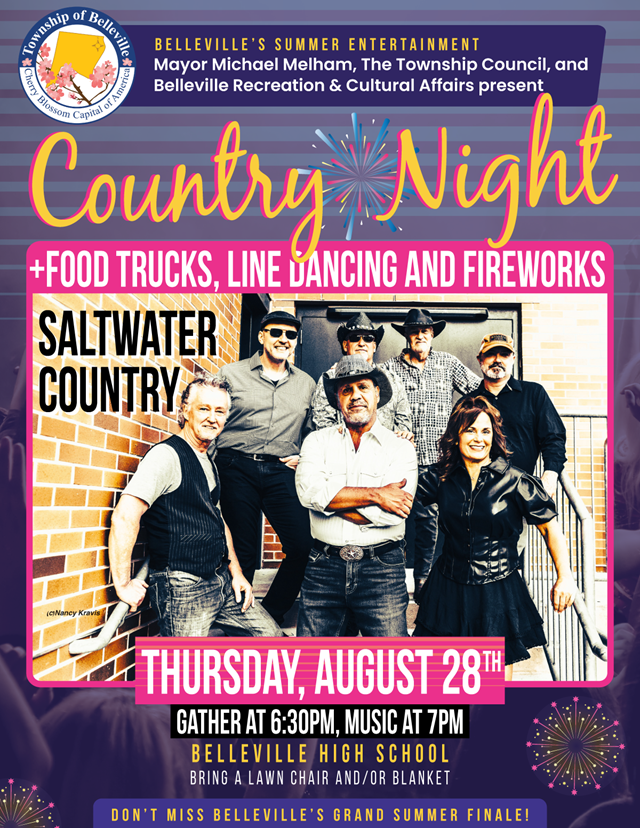 Belleville, are y’all ready?

We’re closing out the summer with a bang — live music from Saltwater Country, line dancing under the stars, delicious food trucks, and a firework show to light up the night sky! 
 
📍 100 Passaic Ave, Belleville
🕡 Gather 6:30PM | Music 7PM