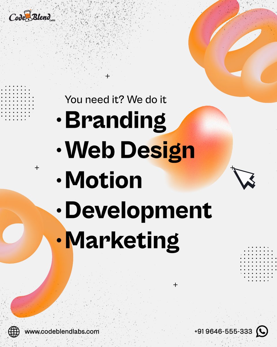 Codeblendlabs's tweet image. Whatever your business needs, we’ve got you covered!
From Branding to Web Design, Motion, Development, and Marketing, Code Blend Labs is your one-stop solution to grow and shine.
Let’s build something amazing together!
#codeblendlabs #branding #webdesign #webdevelopment