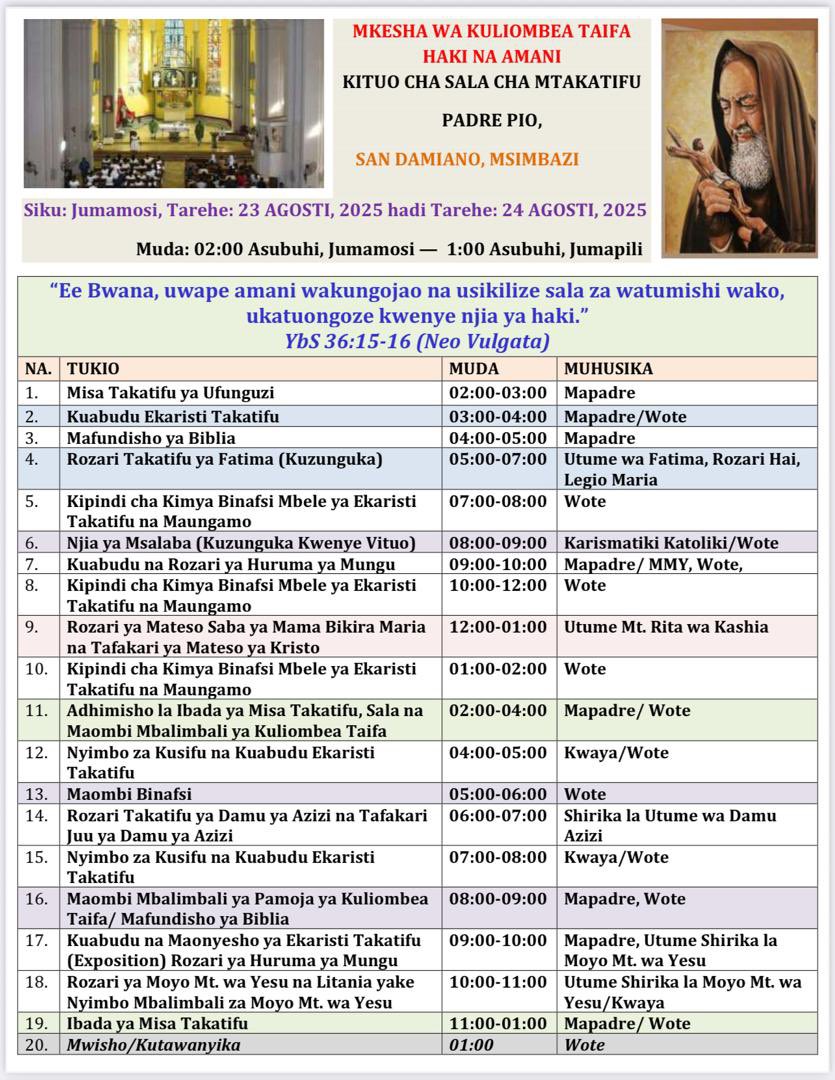 Kesho karibuni Msimbazi Centre siku nzima ni mfungo ikiwemo sala, kuabudu Ekaristi,
misa nk
Wale wahuni waliomshambulia Fr Kitima msithubutu kusogelea hapo 🙄 nyie mashetani roho chafu! 
Eniwei tusisahau kuiombea Tanzania Haki na Amani huku tukiendelea kuchapa spana 
🙏🏽