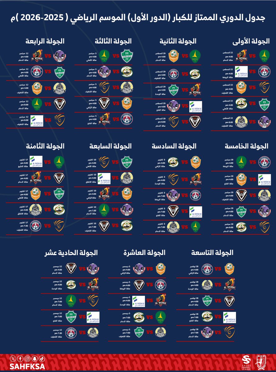 🤾‍♂️ جدول مواجهات الدور الأول من منافسات #ممتاز_اليد_السعودية