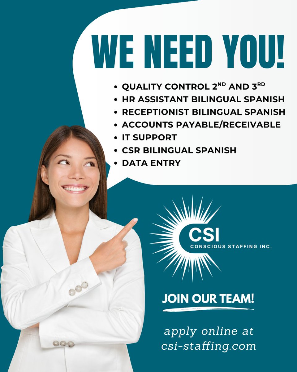 CSI_Staffing's tweet image. 💼 We’re hiring in Chicago! Exciting opportunities are available across multiple departments — from office support to technical roles. csi-staffing.com

#ChicagoJobs #NowHiring #Staffing #QualityControl #Accounting #ITSupport #BilingualJobs #CareerOpportunities