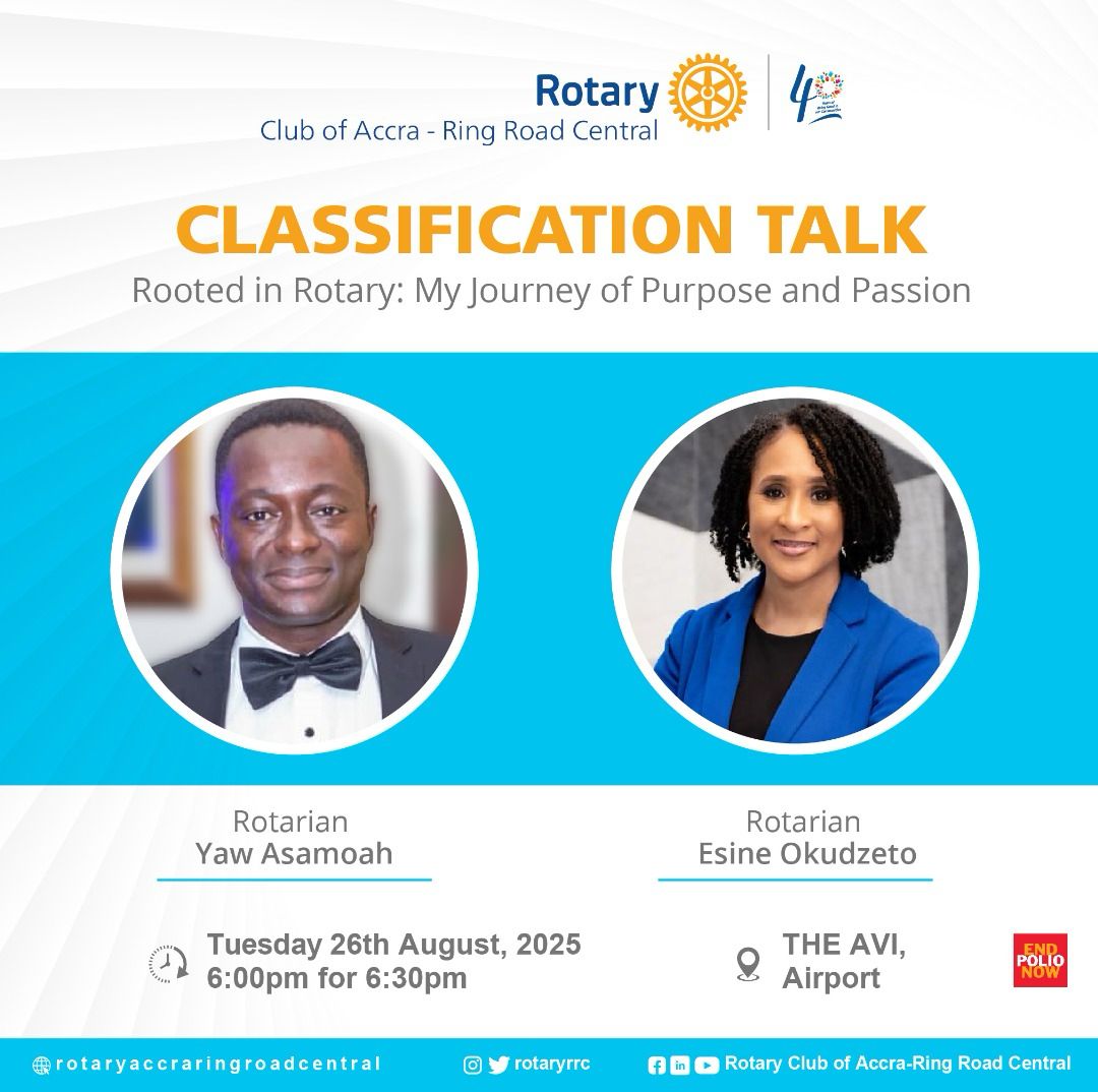 🌟 Join us for an inspiring Classification Talk🌟

Two amazing Rotarians, Yaw Asamoah &amp; Esine Okudzeto will share their journeys of purpose and passion, rooted in Rotary.

Don’t miss this evening of inspiration, connection, and Rotary fellowship 💙💛

#RRC@40
#WeAreRRC