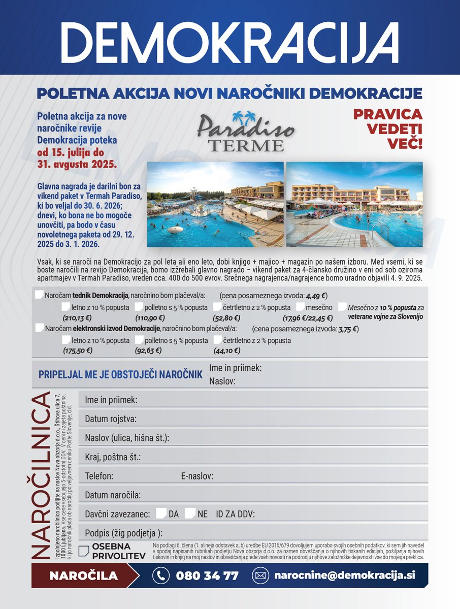 Metod Berlec (@metod_berlec) on Twitter photo DEMOKRACIJA TEDNIK REVIJA Poletna AKCIJA samo še do 31. 8. 2025! Pohitite in postanite novi naročnik tedenske revije <a href="/Demokracija1/">Tednik Demokracija</a>! Objavimo tudi to, kar drugi zamolčijo! DEMOKRACIJA TEDNIK REVIJA Poletna AKCIJA samo še do 31. 8. 2025! Pohitite in postanite novi naročnik tedenske revije <a href="/Demokracija1/">Tednik Demokracija</a>! Objavimo tudi to, kar drugi zamolčijo!