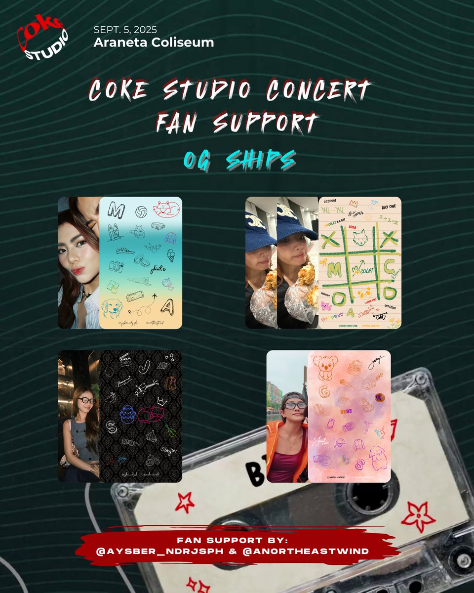 COKE STUDIO CONCERT FAN SUPPORT

OG Ships Photocards

fan support by: <a href="/aysber_ndrjsph/">Andreiii💫</a> &amp; <a href="/anortheastwind/">angelnot</a>
designed by: <a href="/anortheastwind/">angelnot</a>

✿ like and rt (show on d-day)
✿ strictly 1:1 ratio (limited qty)
✿ time &amp; loc: tba 
✿ will go on priv on d-day
✿ open for on the spot trades