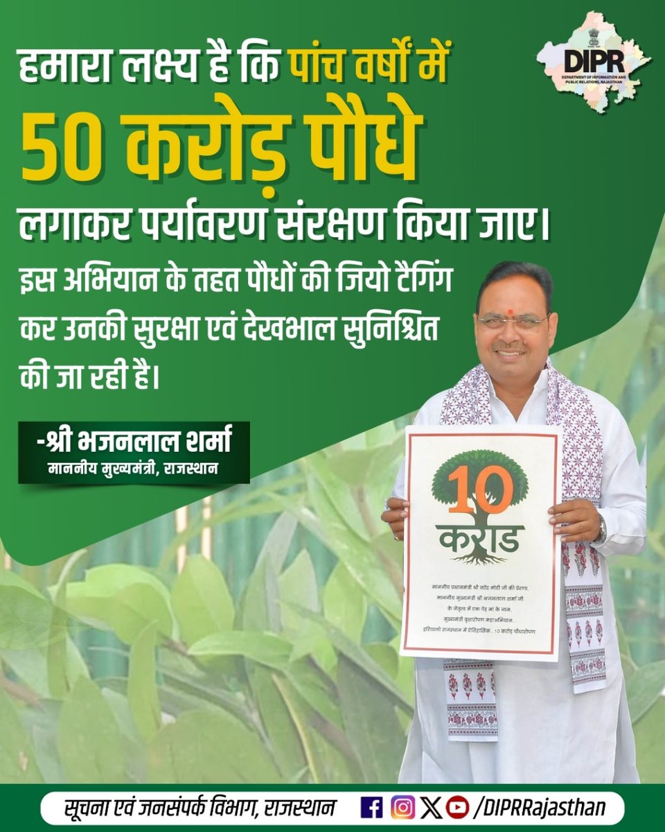 सूचना एवं जनसम्पर्क विभाग, राजस्थान सरकार (@diprrajasthan) on Twitter photo पांच वर्षों में 50 करोड़ पौधे लगाकर पर्यावरण संरक्षण का लक्ष्य
पौधों की जियो टैगिंग कर उनकी सुरक्षा एवं देखभाल
<a href="/BhajanlalBjp/">Bhajanlal Sharma</a>
<a href="/KumariDiya/">Diya Kumari</a>
<a href="/DrPremBairwa/">Dr Prem Chand Bairwa</a>
<a href="/RajCMO/">CMO Rajasthan</a>
<a href="/RajGovOfficial/">Government of Rajasthan</a>
<a href="/AgrDir/">Department of Agriculture, Rajasthan</a>
#rajasthan #DIPRRajasthan #RajasthanNews #आपणो_अग्रणी_राजस्थान #Hariyalo_Rajasthan पांच वर्षों में 50 करोड़ पौधे लगाकर पर्यावरण संरक्षण का लक्ष्य
पौधों की जियो टैगिंग कर उनकी सुरक्षा एवं देखभाल
<a href="/BhajanlalBjp/">Bhajanlal Sharma</a>
<a href="/KumariDiya/">Diya Kumari</a>
<a href="/DrPremBairwa/">Dr Prem Chand Bairwa</a>
<a href="/RajCMO/">CMO Rajasthan</a>
<a href="/RajGovOfficial/">Government of Rajasthan</a>
<a href="/AgrDir/">Department of Agriculture, Rajasthan</a>
#rajasthan #DIPRRajasthan #RajasthanNews #आपणो_अग्रणी_राजस्थान #Hariyalo_Rajasthan