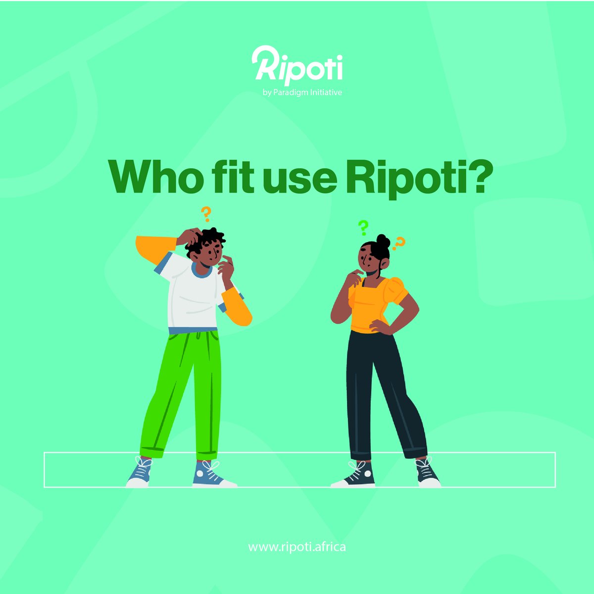 Who fit use Ripoti?  

No be matter for only big people. Anybody wey don chop breakfast for im gadgets or internet use  fit use Ripoti: 

- You be teacher wey them threaten online?  
- Student wey hackers collect him email account?   
Vendor wey dem block her IG page Blogger wey