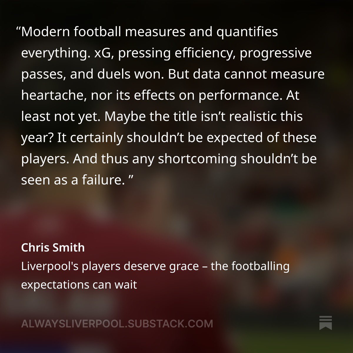 New free post on Always Liverpool | Why I don’t think retaining the title is a fair and realistic expectation this season. Not with what these lads are experiencing. 

open.substack.com/pub/alwayslive…